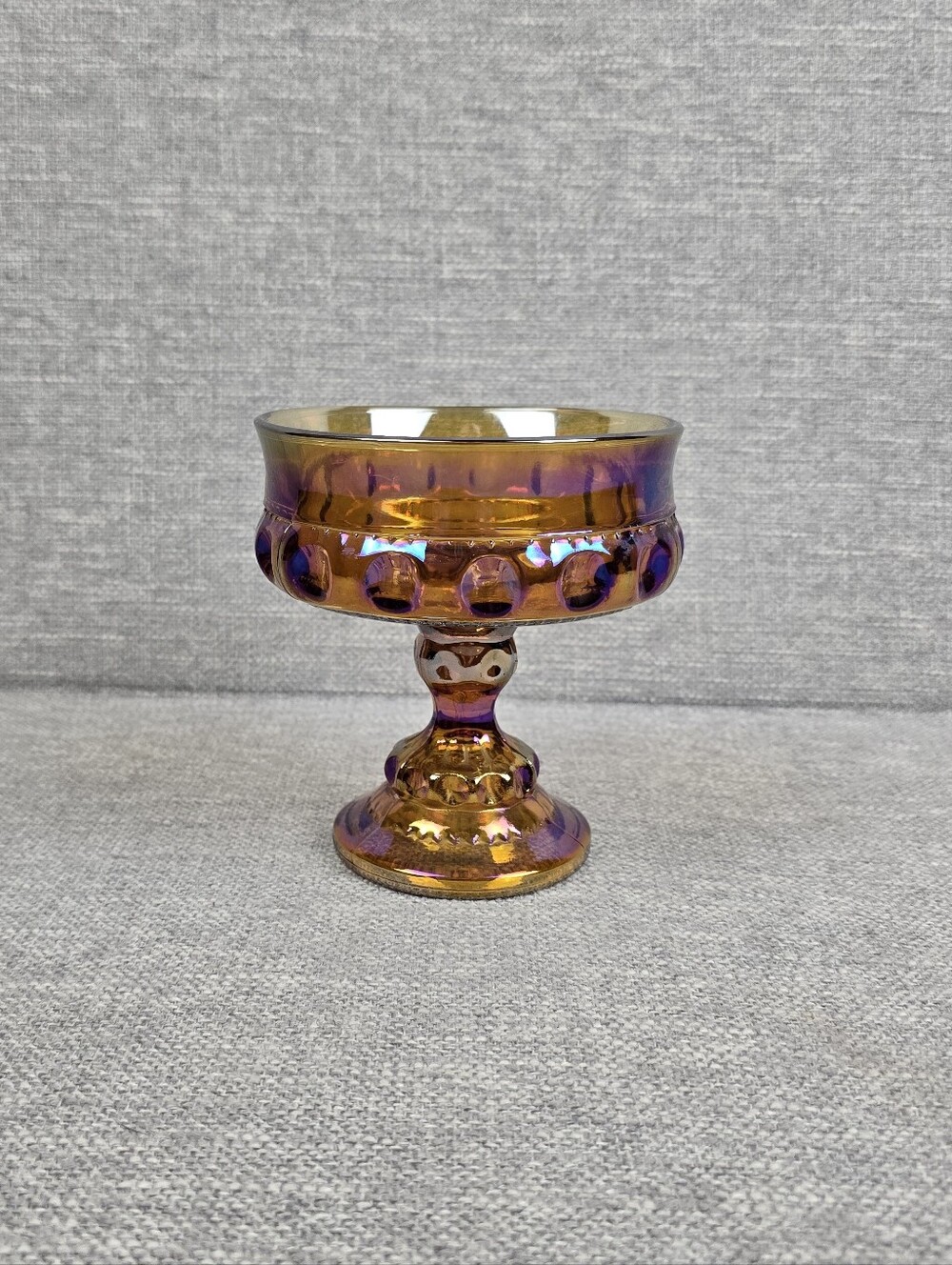 Vtg Indiana Glass Compote Kings Crown Marigold Iridescent Color
